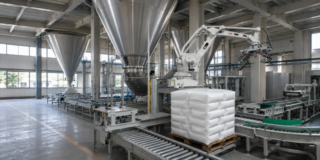 Polyvia PCE automated packaging production line with robotic palletizing and industrial powder handling equipment