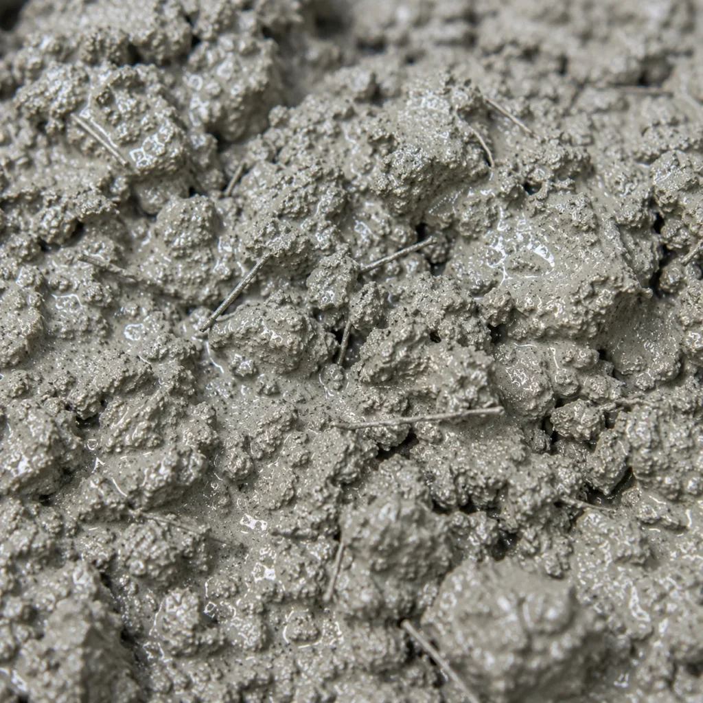Steel fiber reinforced concrete showing steel fibers dispersed throughout fresh concrete mix