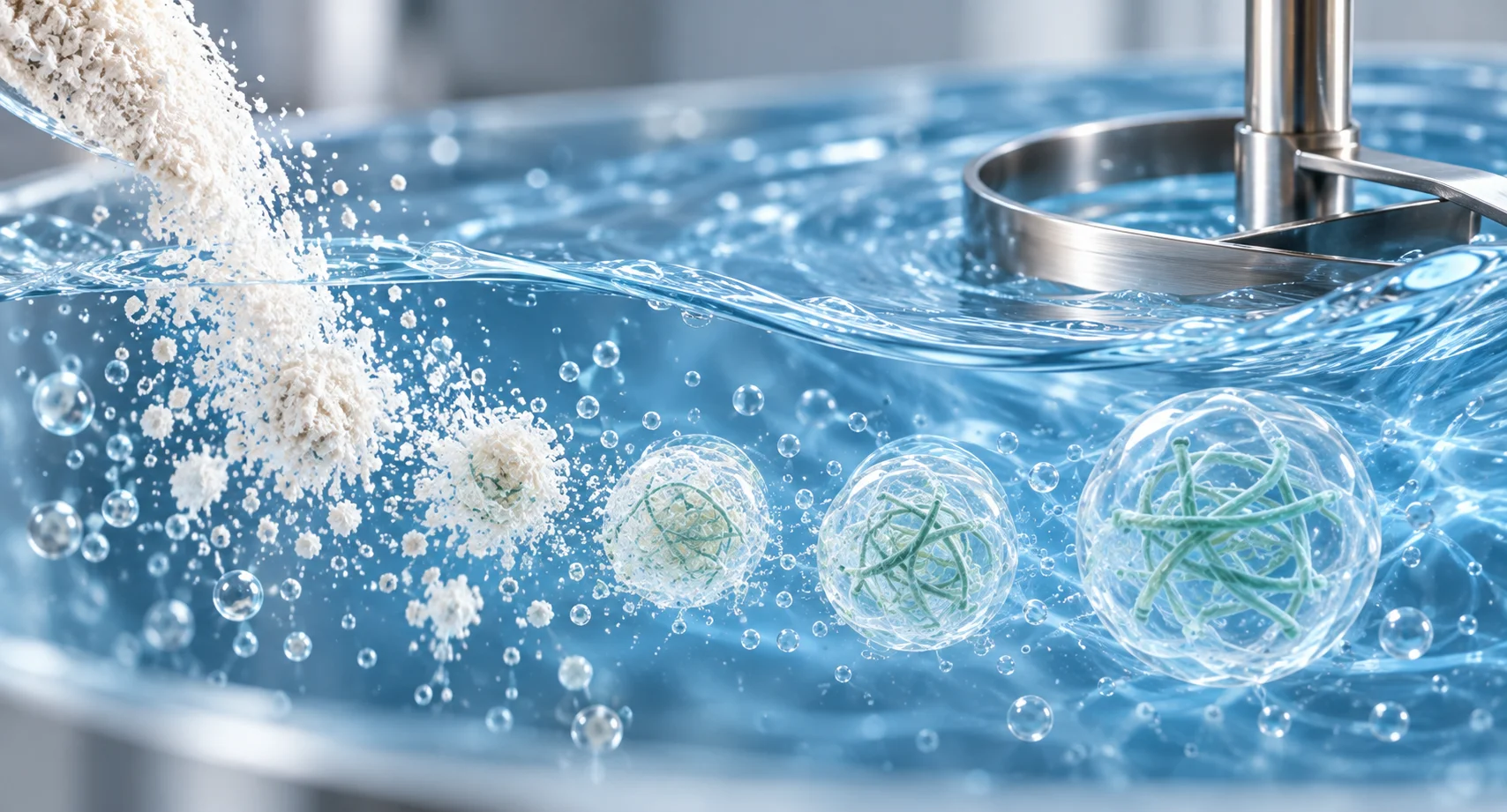 MHEC disperses and hydrates within the aqueous phase.