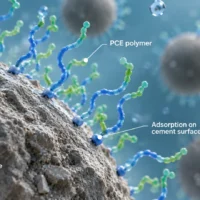 PCE steric dispersion mechanism separating cement particles in fresh concrete
