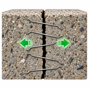 Hooked end steel fibers bridging cracks in concrete to help control crack width under tensile loading
