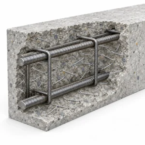 Hooked end steel fibers distributed within a reinforced concrete beam alongside conventional steel rebars